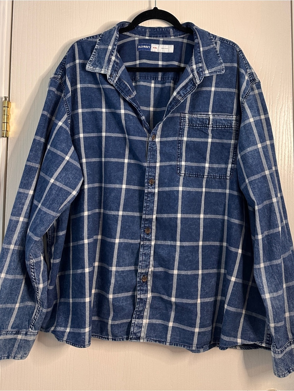 Old Navy Blue and White Plaid Denim Button-Down Shirt
